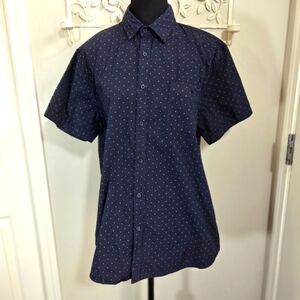 ⭐️PD&C Mens Stretch Slim Fit Navy Print Button-Up Shirt Size L